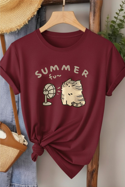l'eivor Summer Fan Cat Printed Women's Cotton T-Shirt
