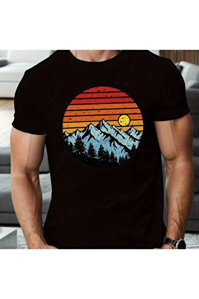 STITCHLY Men'S Vintage T-Shirt White Retro Mountain Sunset Design with Snow-C...