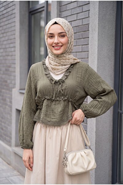 Modamorfo Balloon Sleeve Lace Detailed Viscose Blouse with Elastic Waist -Khaki