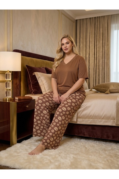 Lohusa Homewear New Season Brown V-Neck Short Sleeve Special Design Summer Co...