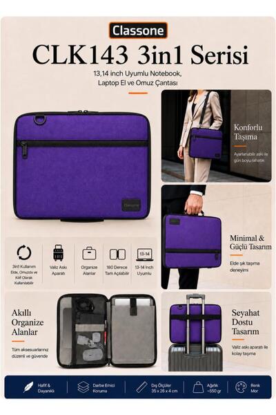 Classone 3in1 Serisi CLK143 13,14 inch Uyumlu Tablet, Laptop El ve Omuz Çanta...