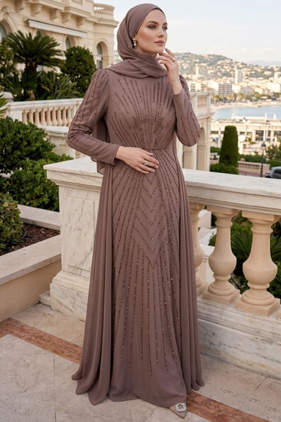 N.S NEVA STYLE Saten Vizon Taş İşlemeli Tesettür Abiye Elbise 56061V