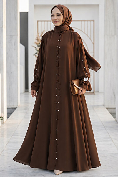 Neva Style İnci Detaylı Koyu Kahverengi Tesettür Abaya Elbise 10271KKH