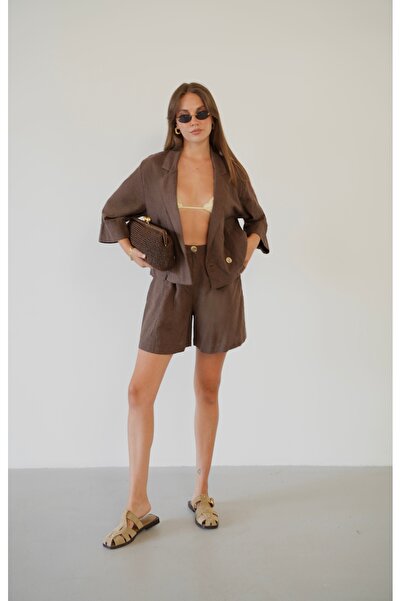 Myra Fashion Keten Ceket Şort İkili Takım Kruvaze Düğmeli Rahat Kesim Şortlu ...