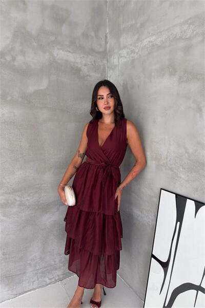 Neşeli Butik Rochie de damă bordeaux, cu guler dublu, stratificată, cu curea,...