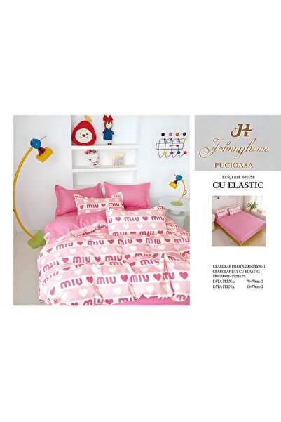 naniland.ro Lenjerie de Pat Bumbac Satinat 2 Persoane 6 Piese cu Elastic 180x...