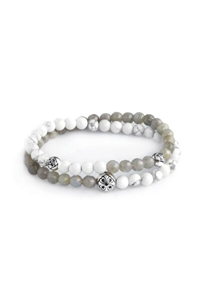 Dual Stax Brățară wrap din howlite de 6mm și labradorit, elastică, cu argint ...