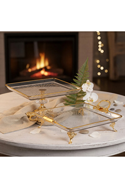 Elta Collection Diamond 2 li Kristal Metal Ayaklı Yaldızlı Kare Pasta Sunumlu...