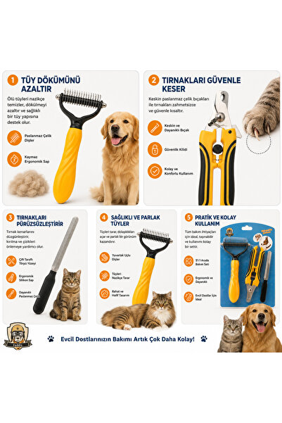 Yıldızhane Kedi Köpek 3'lü Bakım Seti Tüy Tarama Fırçası Masaj Tarağı Tüy Toplama Tarağı Düğüm Açıcı Evcil Hayvan Bakım Seti Kedi Tarağı Köpek Tarağı Pet Bakım Aksesuarı