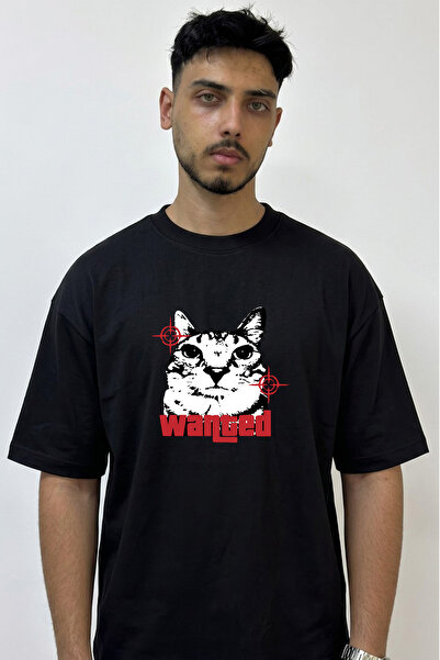 Anetos Cat Wanted Design Printed Oversize Black T-Shirt