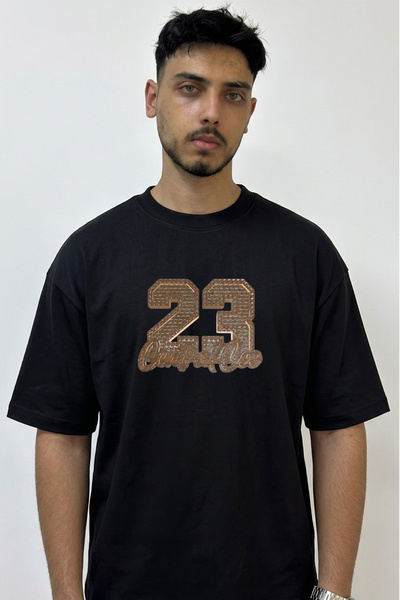 Anetos 23 Pasli Metal Design Printed Oversize Black T-Shirt