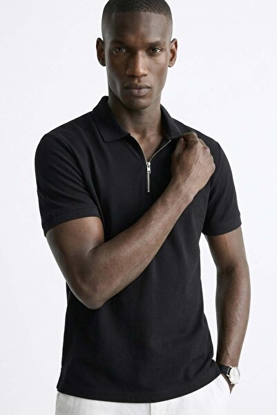BARRELS AND OIL Men's Zipper Collar Pique Polo T-Shirt - Black