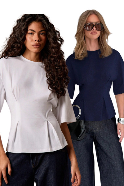 Tarz Cool Women's Set of 2 Navy Blue and White Oversize Basic T-Shirts with P...