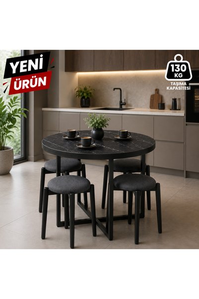 EDMONDA EV AKSESUAR ATLAS YUVARLAK 90 CM PUFLU 4 KİŞİLİK MASA TAKIMI BALKON M...