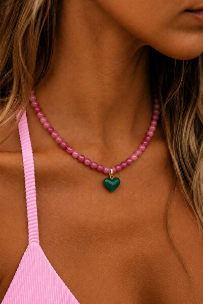 Markiz Takı Pink Jade Natural Stone and Murano Glass Necklace 45 cm + 5 cm Ex...
