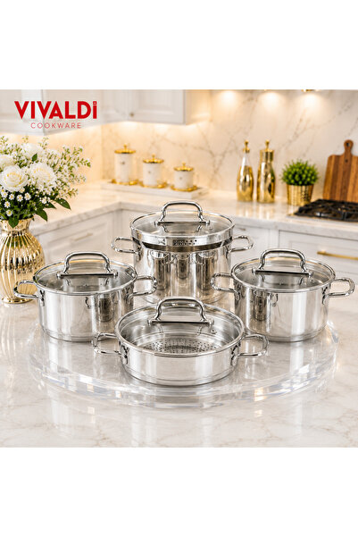 laverahome Premium Turkish Steel 9 Piece Pot Set with Glass Cover 18/10 - Viv...