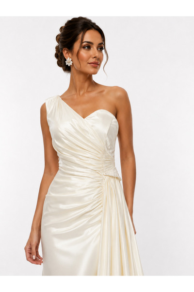 Lovely Dress Ekru Tek Omuz Drapeli Saten Abiye Elbise