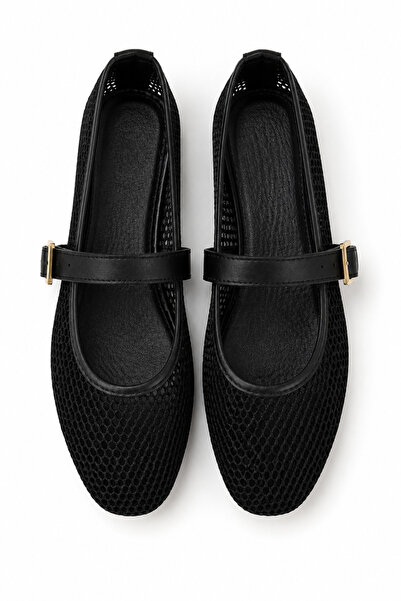 FootFrenzy Lunessa Mesh Detailed Ankle Strap Mary Jane Women's Ballerina Casu...