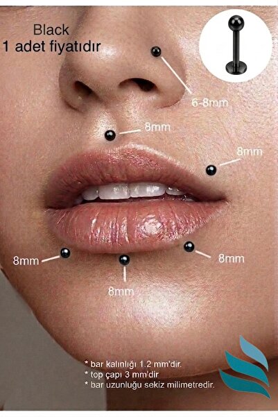 Bylin %100 Cerrahi Çelik Labret Piercing-Dudak Piercing-Top Çapı 3 Mm- Bar Uz...