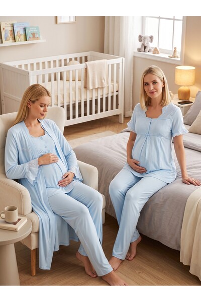 Lohusa Homewear New Season Blue Buttoned Breastfeeding Feature Scallop Linen ...