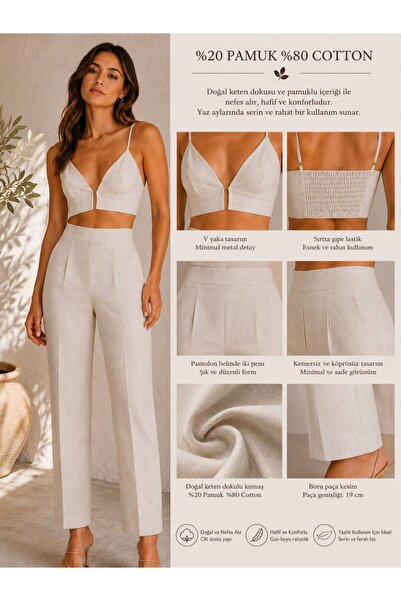 THB.Edition Women's Linen Set with Straps, Bustier and Pants, Two-Piece Summe...