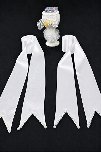 AZRA KINA Beyaz Beyaz İncili Gelin Damat Takı Kurdelesi(200cm), Beyaz İğnelik...