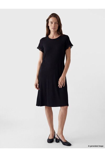 LC Waikiki Lcw Grace Black Crew Neck Lace Detailed Flared Dress