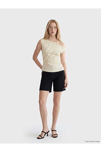 LC Waikiki Xside Yellow Boat Neck Polka Dot Gathered Blouse