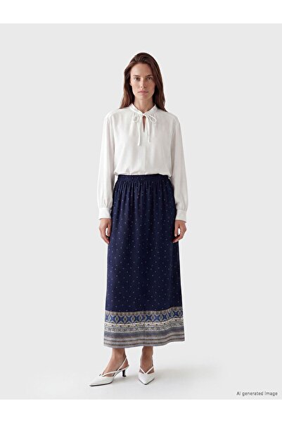 LC Waikiki Lcw Grace Navy Blue Patterned Flared Skirt with Elastic Waist