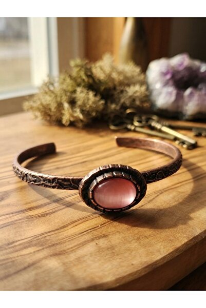 Meneva Aksesuar Pink Cat's Eye Natural Stone Vintage Design Adjustable Copper...