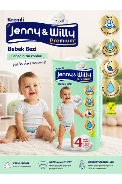 Jenny & Willy Premium Kremli Bebek Bezi Maxi 4 Numara 8-18 Kg 40 Adet Ultra E...