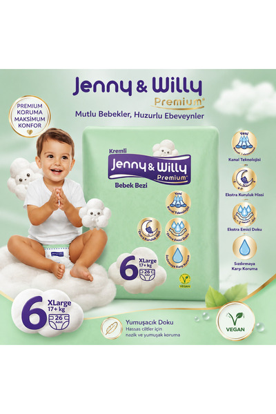Jenny & Willy Premium Bebek Bezi 6 Numara XLarge 17+ Kg 26 Adet – Kremli Doku...