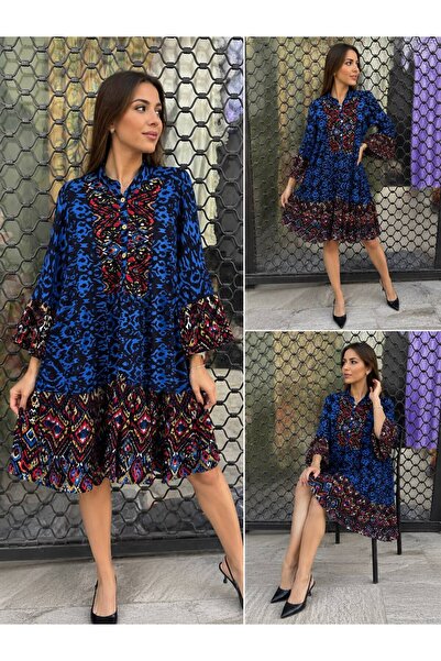 AGORATEKSTİL Women's Patterned Pompom Three Quarter Sleeve Viscose Fabric Dre...