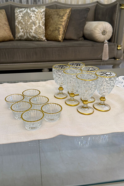 Mutfiko 12 Piece Crystal Presentation Set with Gold Detailing |   6 Cups + 6 Bowls |   Glass Coffee and Dessert Treat Set