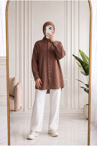Holehola Nilay Robalı Müslin Oversize Gömlek-NA853 Kahve