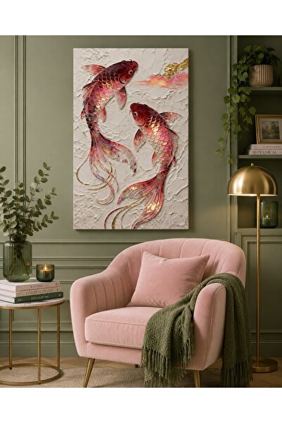 Mgi Design Japon Koi Balıkları Kanvas Tablo Altın Detaylı Lüks Dekoratif Duva...