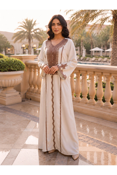Finelook Gold Bead & Crystal Panel Embroidered Jalabiya | V-Neck Contrast Cuf...