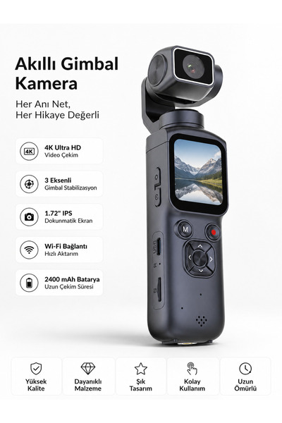 Qifit 75MP 4K Ultra HD Vlog Kamerası 330° Gimbal Stabilizatörlü Mini Kamera V...