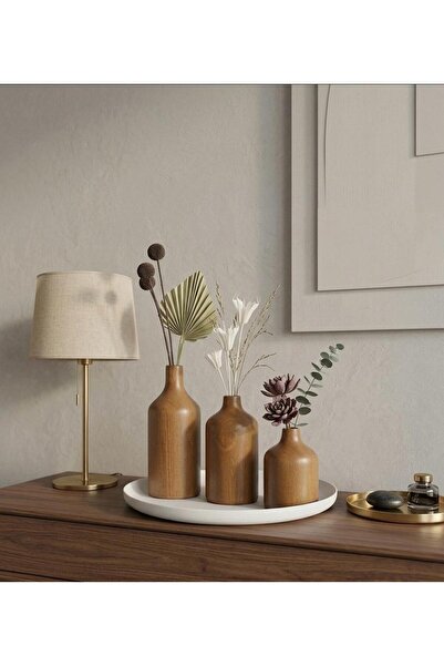 GENART HOME STİL 3 LÜ AHŞAP VAZO SETİ CEVİZ