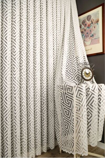 Belvedere Luxury Geometric Patterned Tulle Curtain with Dense Pleats
