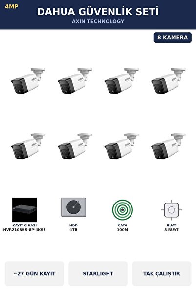 DAHUA 8 Kameralı 4MP Güvenlik Kamera Seti 4MP IP PoE Starlight Bullet Dış Mek...