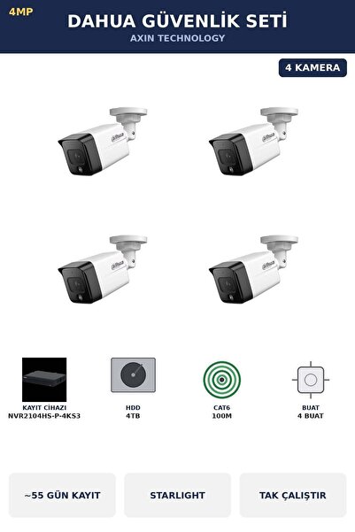 DAHUA 4 Kameralı 4MP Güvenlik Kamera Seti 4MP IP PoE Starlight Bullet Dış Mek...