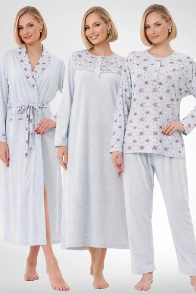 By Mecit Pijama Women's Floral Patterned 4-Piece Large Size Long Sleeve Set D...