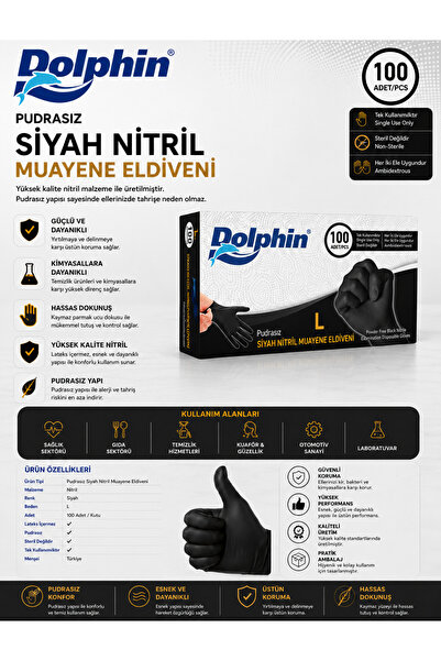Dolphin Pudrasız Siyah Nitril Muayene Eldiveni – L Beden | 100 Adet