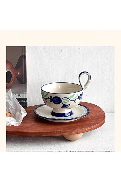 bity thok Artistic Patterns Decorated Tea Cups with Luxury Saucers - Blue B2