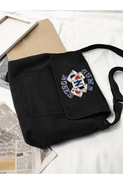 Minga London Black Guns Roses Printed Denim Messenger Bag