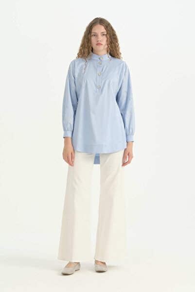 Nihan Sequined and Stone Buttoned Cotton Tunic - Light Blue