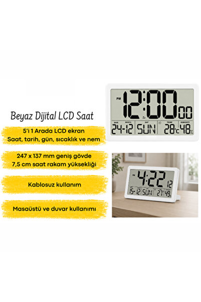 Genel Markalar Loyka LCDBY75 Beyaz Dijital LCD Saat | Tarih, Sıcaklık ve Nem Göstergeli