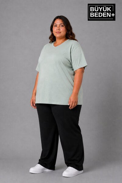 Superlife Süperlife Large Size Women's V-Neck Cotton Basic T-Shirt Navy Blue ...