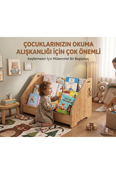 meydan Montessori Ahşap MDF Yer Kitaplığı Çok Kullanışlı Raflı